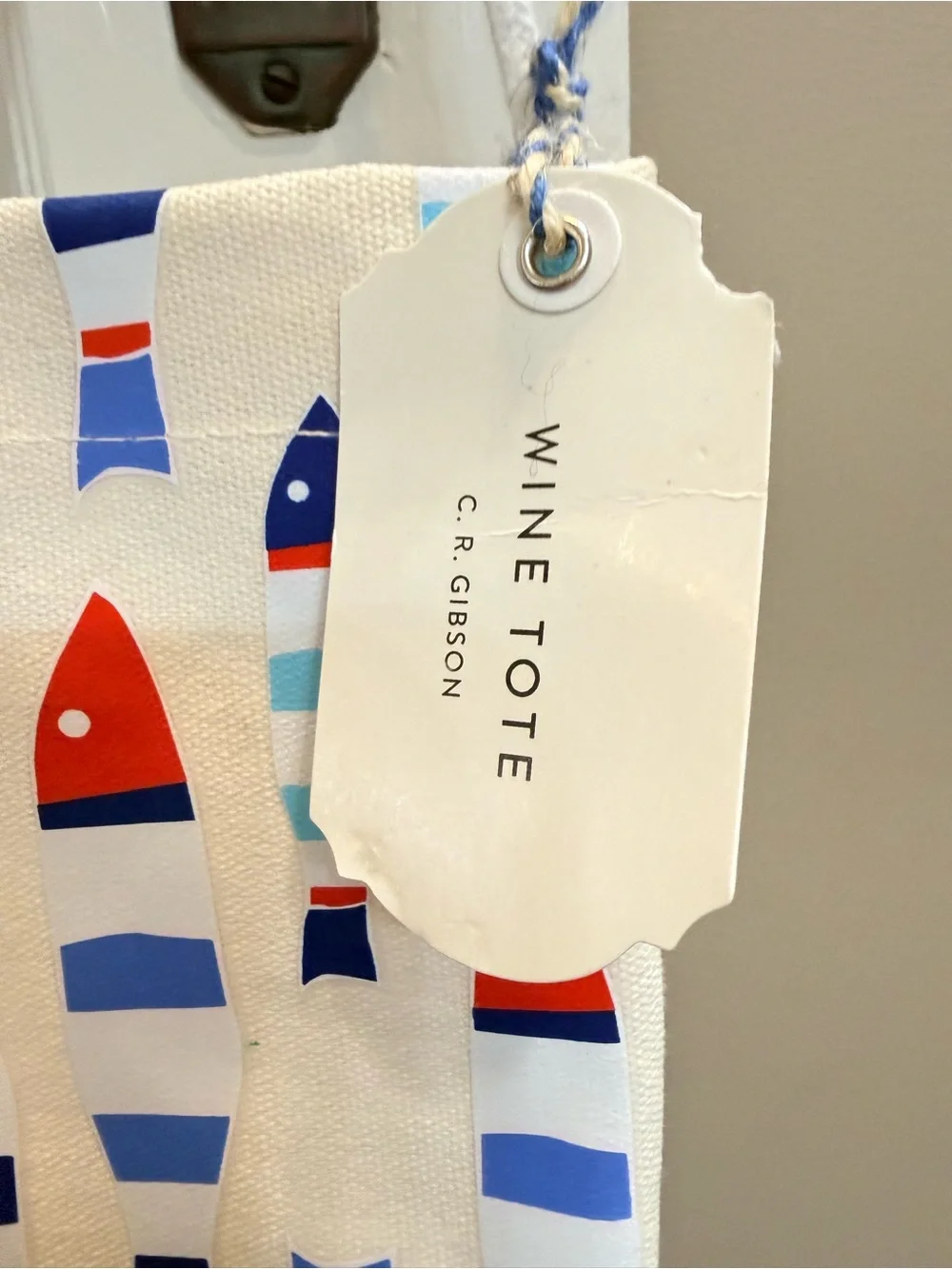 C.R. Gibson Fresh Catch Striped Fish Wine Tote in Red, Blue, and White